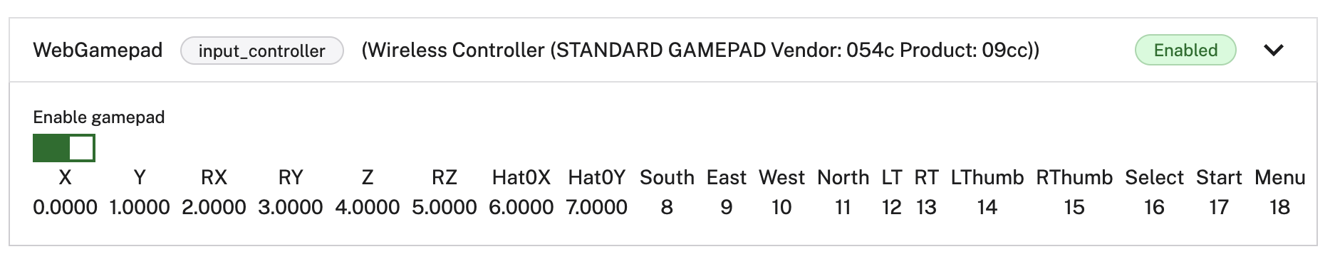 The input controller component in the test panel.