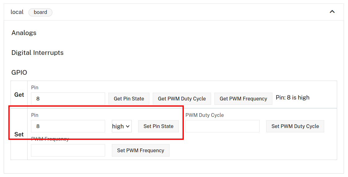 Control tab showing the board control panel. The &lsquo;Board Local&rsquo; row is expanded, and under the &lsquo;Set&rsquo; row, the pin is set to &lsquo;8.&rsquo; A red box is around the &lsquo;Set Pin State&rsquo; field.