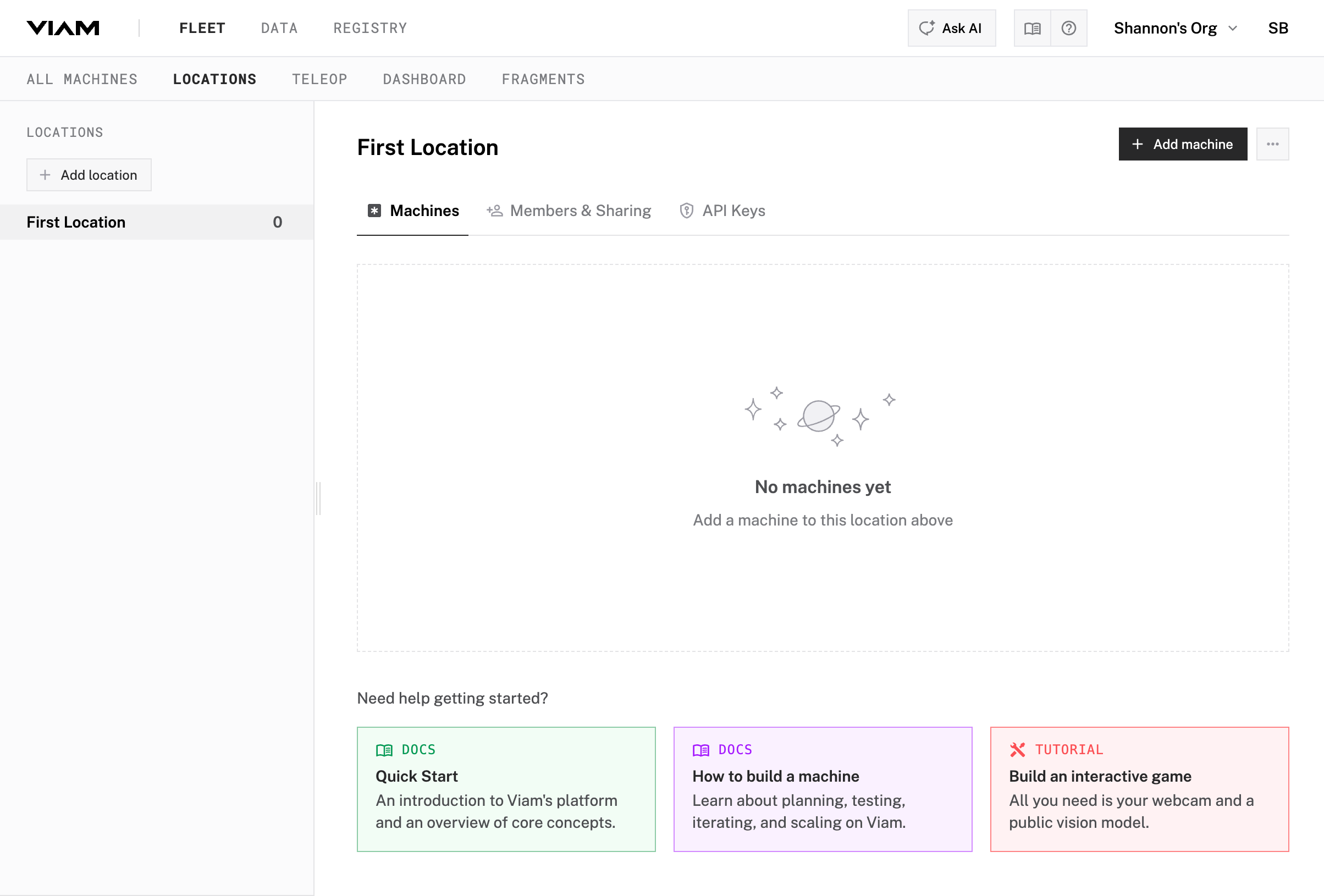 Viam app Fleet page showing First Location with no machines and the Add machine button.